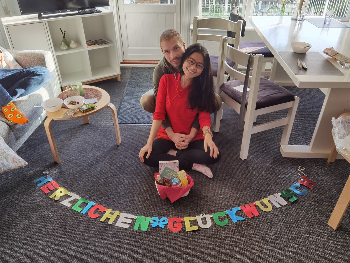 Birthday celebration with a German banner