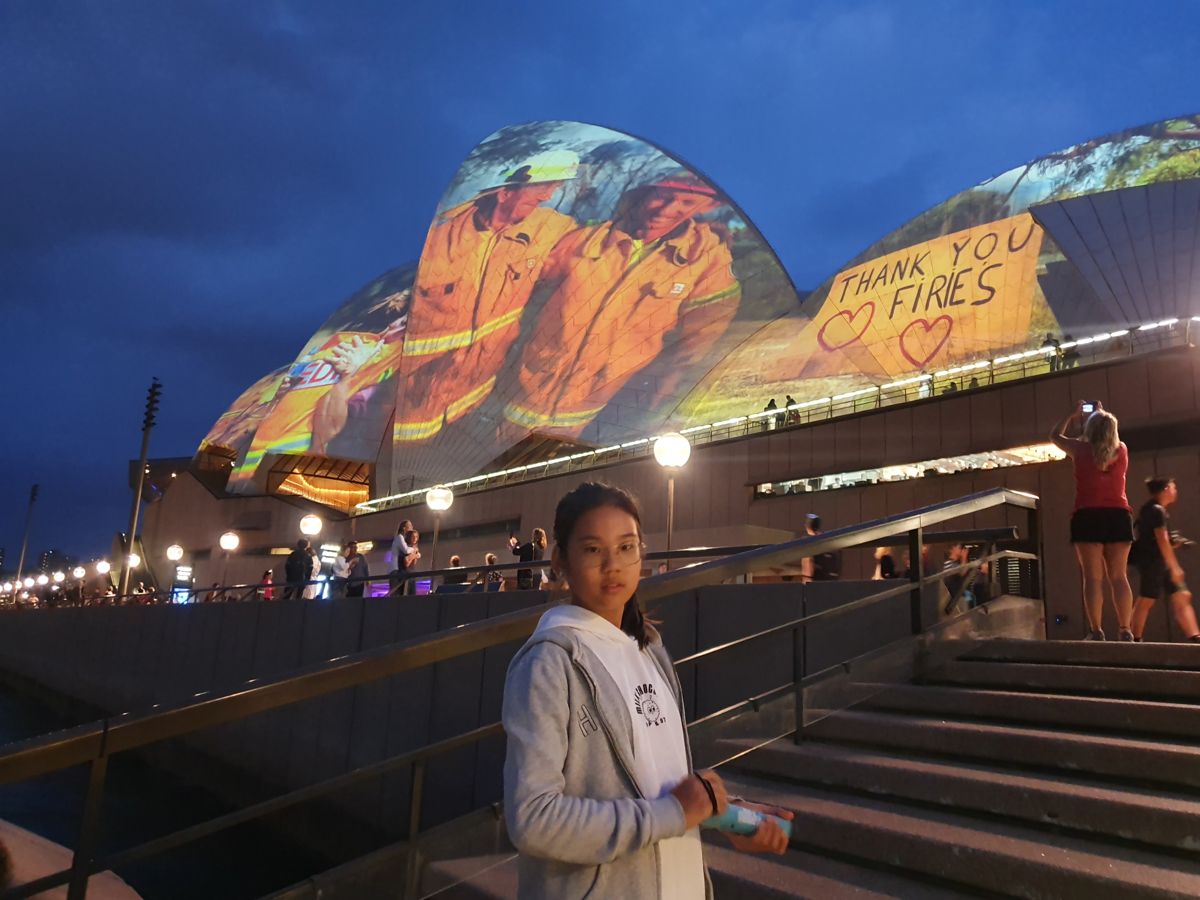 Sydney Opera House lit with a thank-you message to firefighters